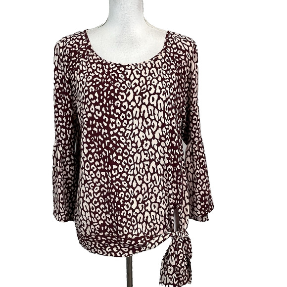 Michael Kors Blouse Tunic size Medium Burgundy Tan Leopard Lagenlook Peasant - Picture 1 of 11